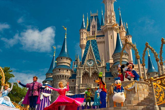 Disney characters perform in front of the Cinderella Castle