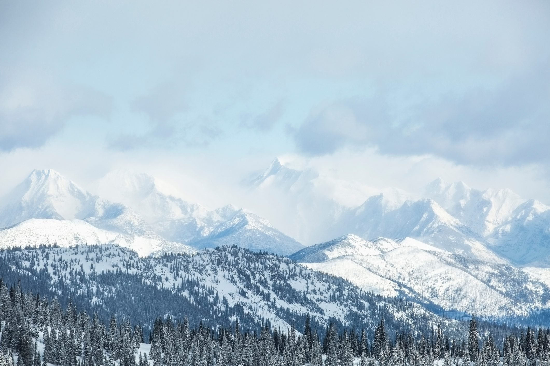 Montana, Glacier National Park, Landscape with mountains and forest in winter