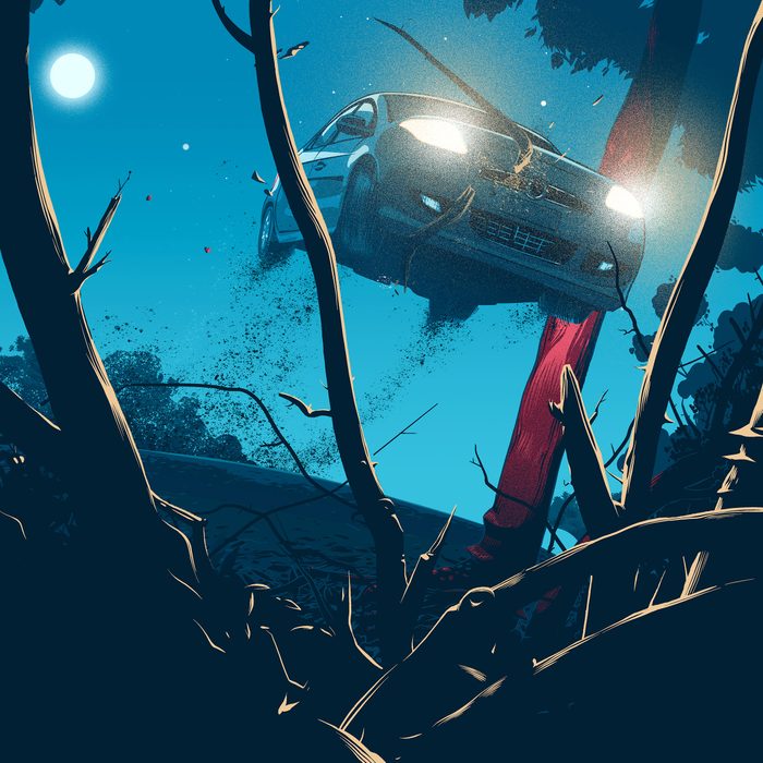 illustration of car flying off road into an embankment