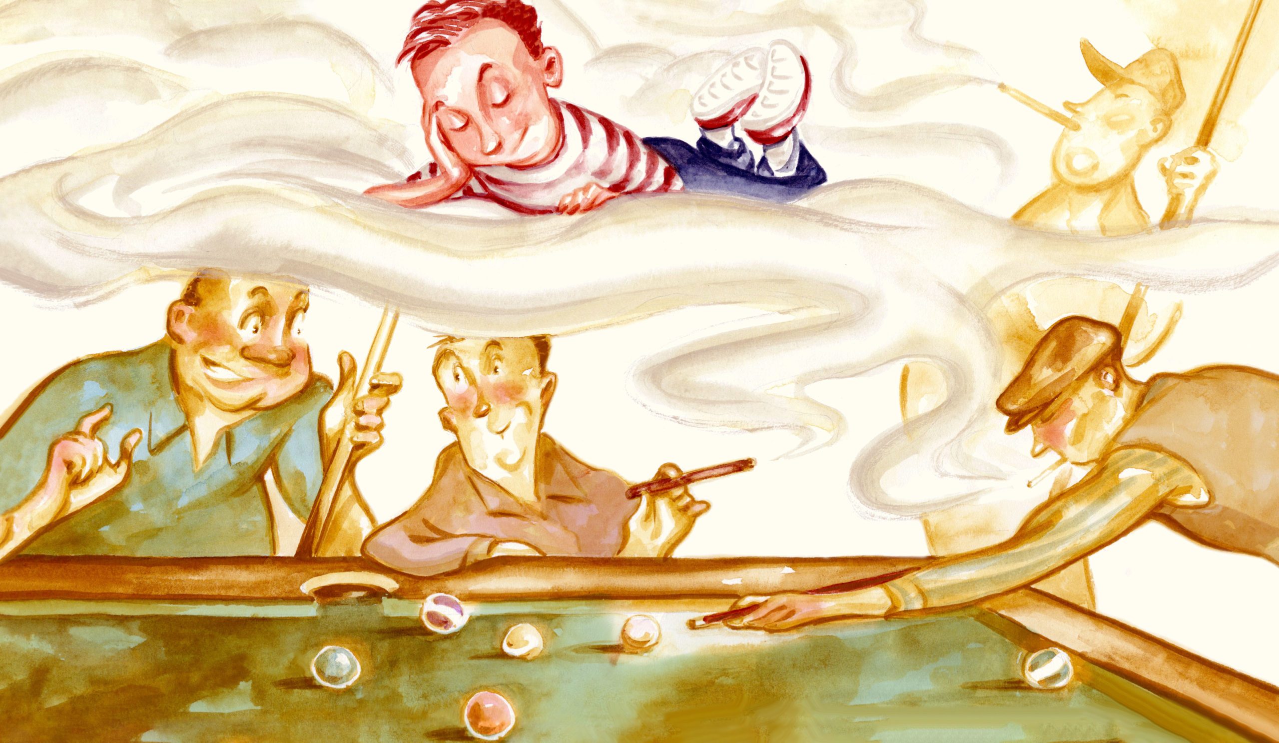 illustration of the child floating in the smoke above the pool table, looking down at the players