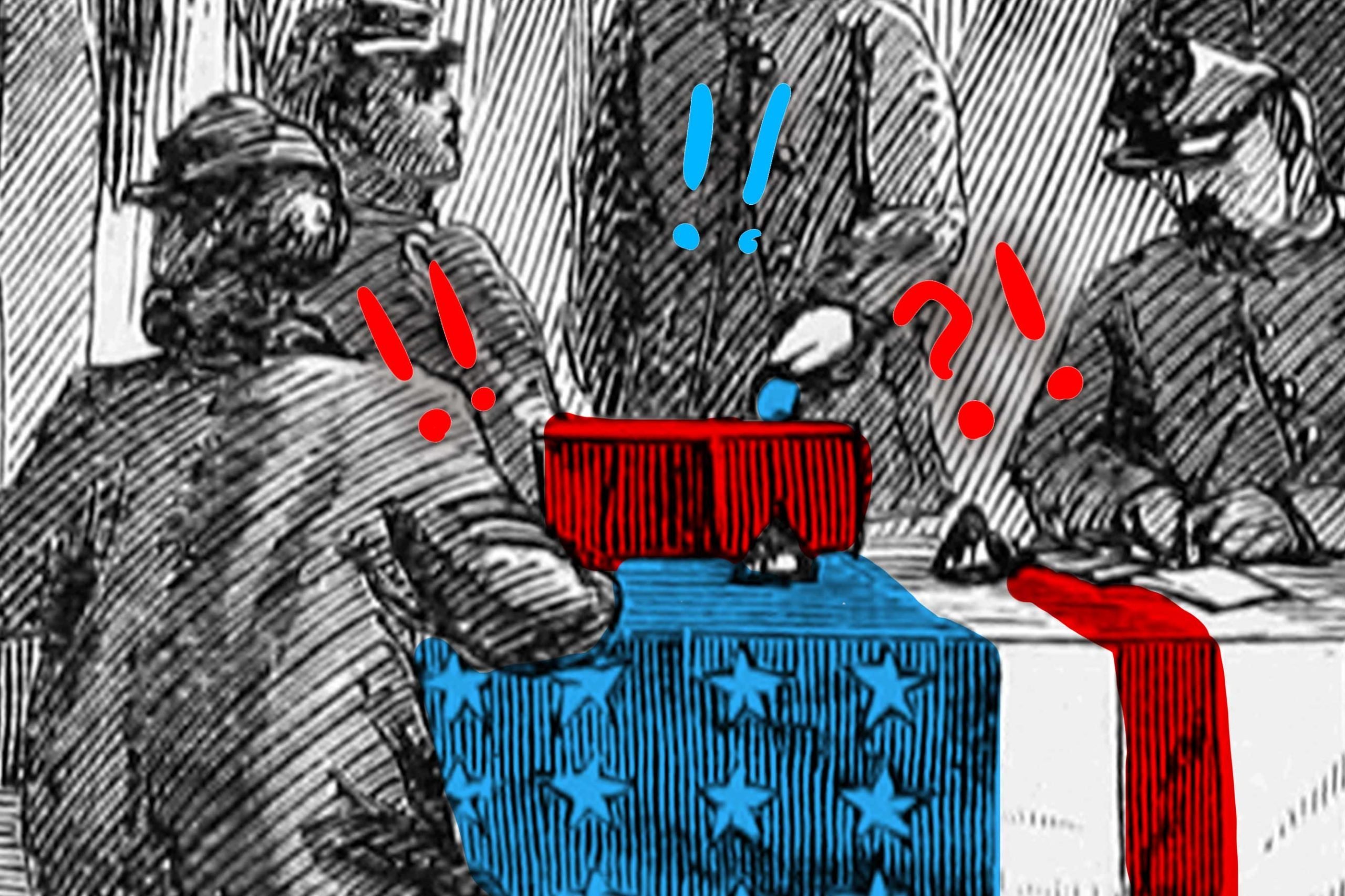 Colonial etching overlaid with red and blue marker
