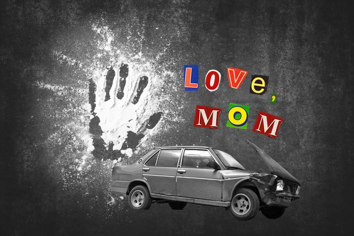 Handprint In Flour And Car Crash With Text Love, Mom