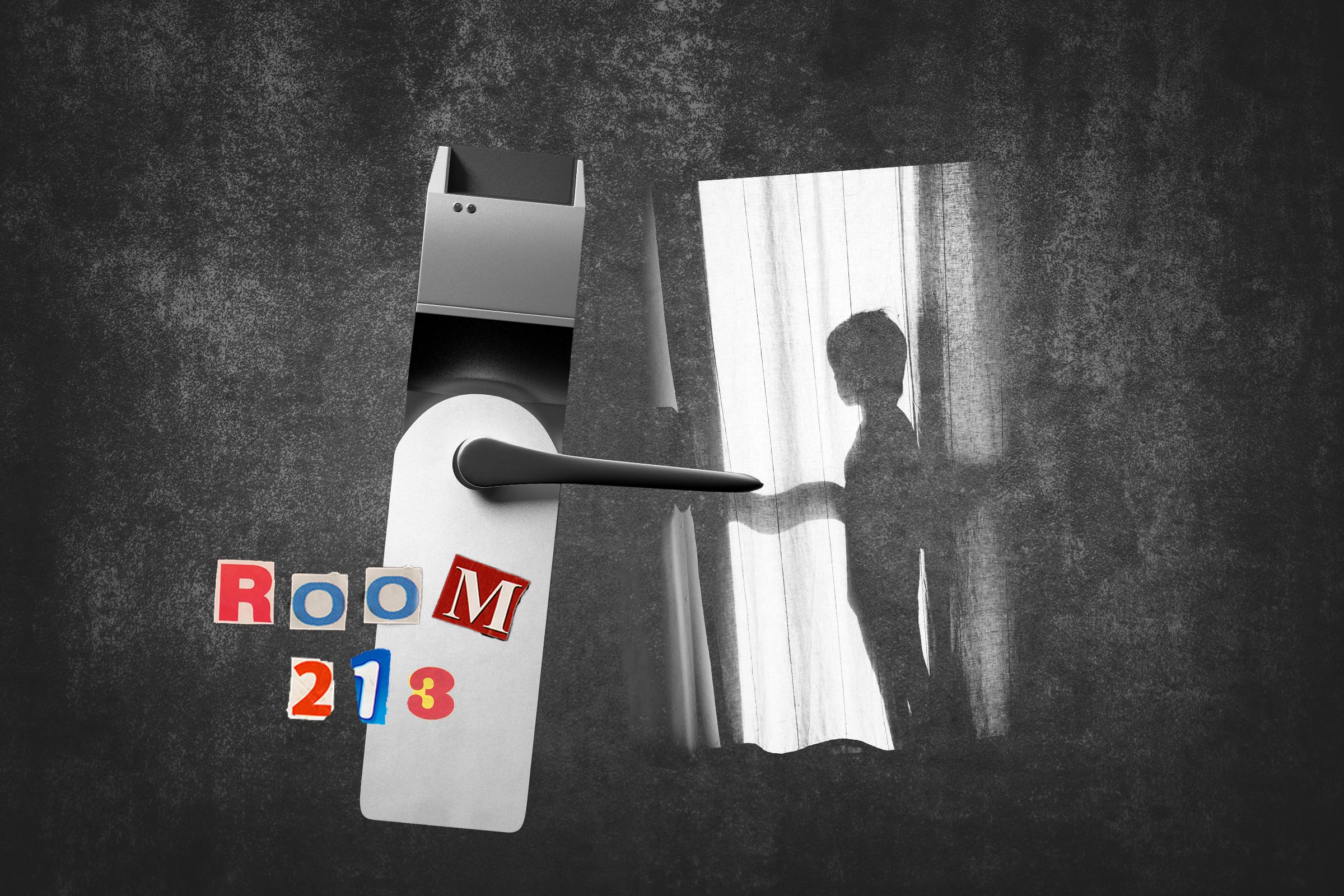 Hotel Room Doorknob Next To Silhouette Of Boy With Text Room 213