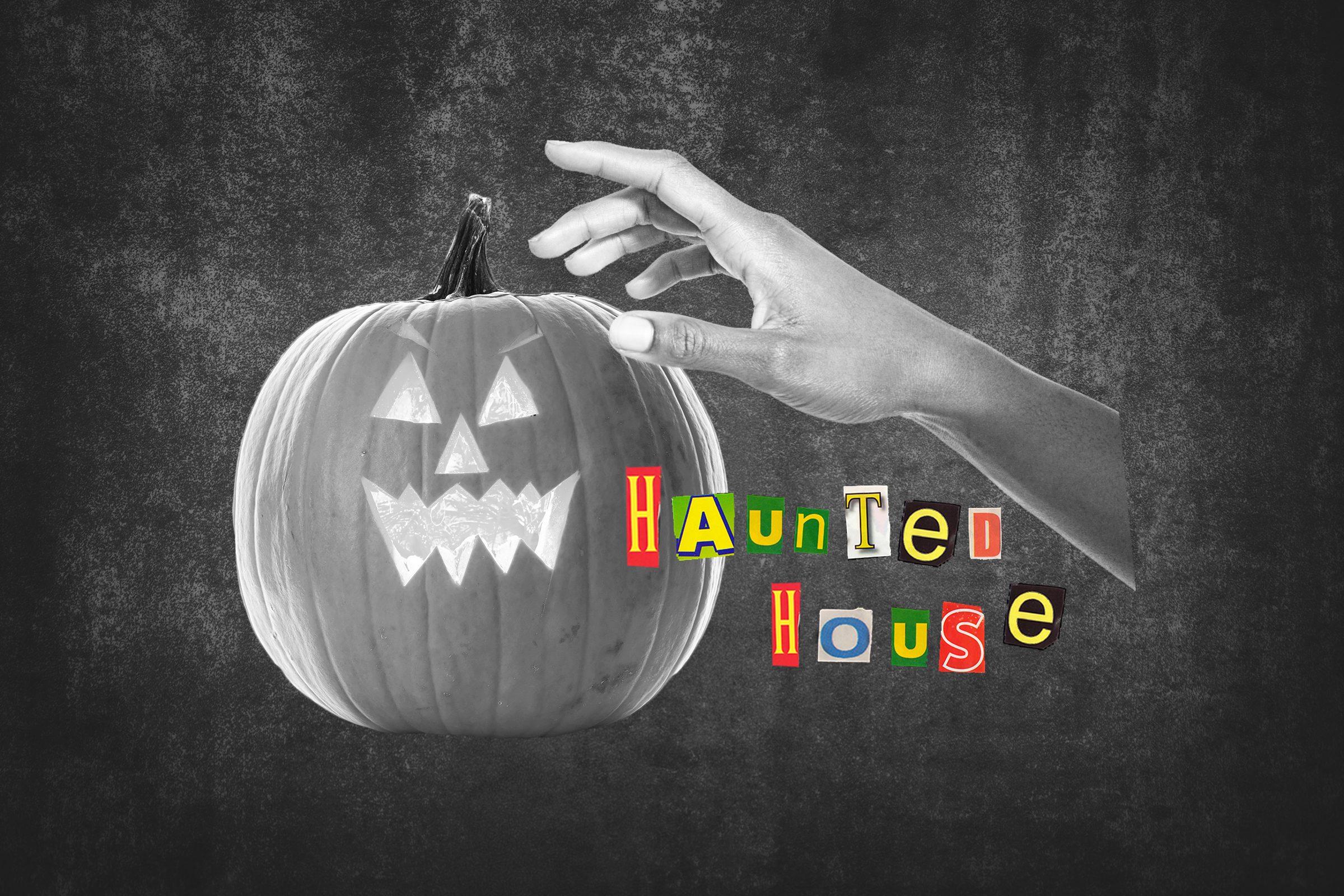 Jack O Lantern And Outreached Hand With Text Haunted House