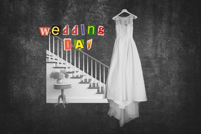 Staircase Next To Wedding Dress On Hanger With Text Wedding Day