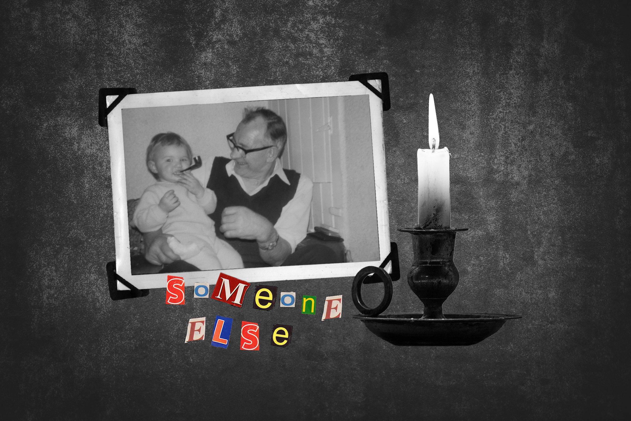 Vintage Photograph Of Grandfather And Baby Next To Candle With Text Someone Else