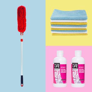 Microfiber cloths, kitchen and bath scrubber, and OXO Good Grips Microfiber Duster for cleaning