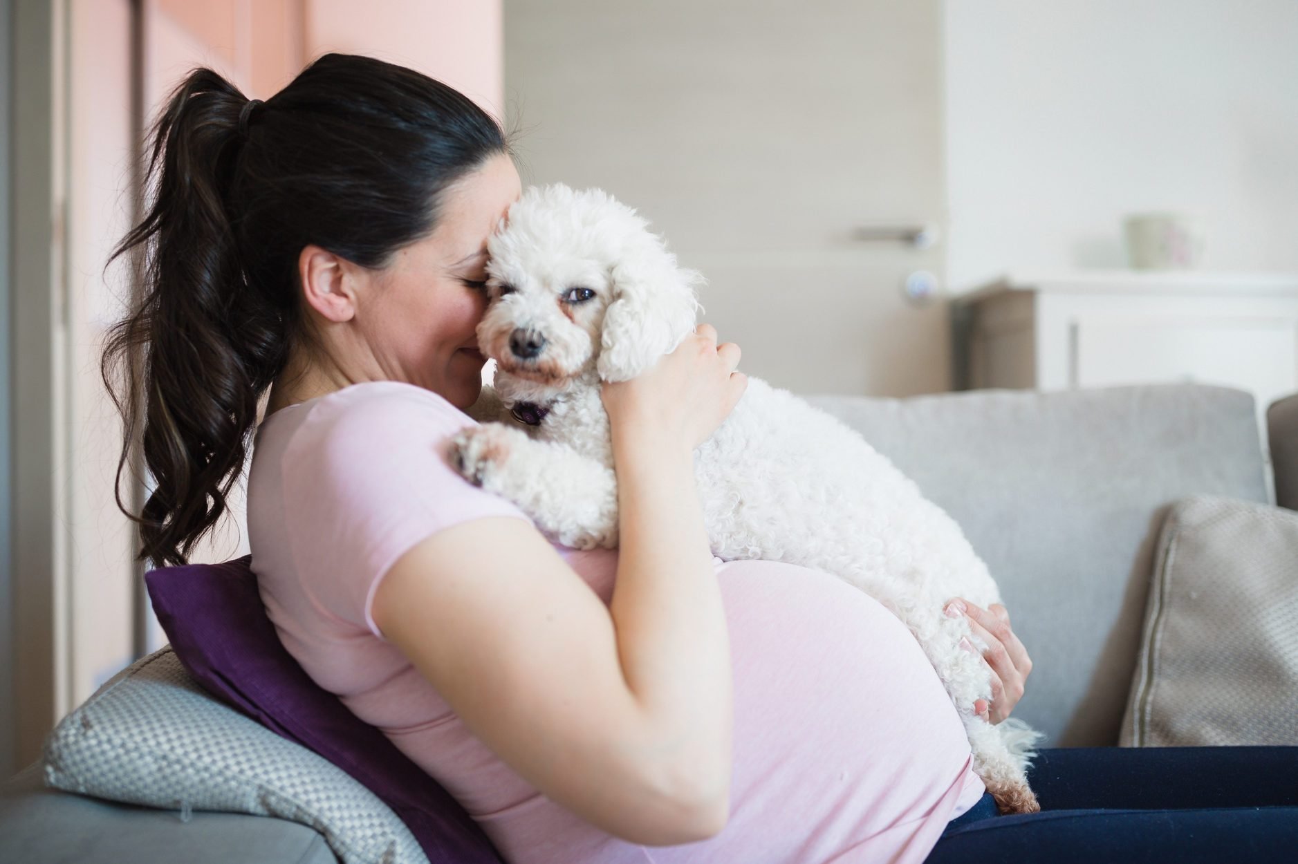 Pregnant woman having fun with her dog