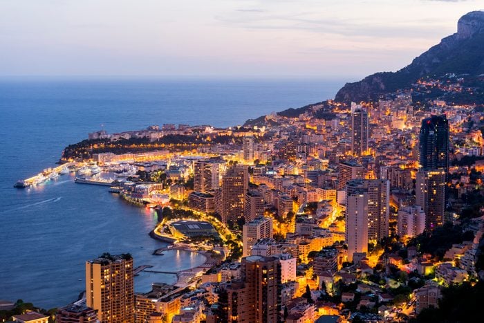 Monaco harbour at twilight.