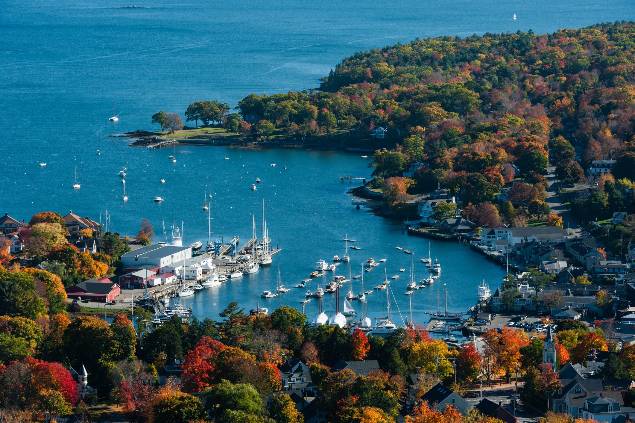 Aerial view of Camden, Maine harbor in fall