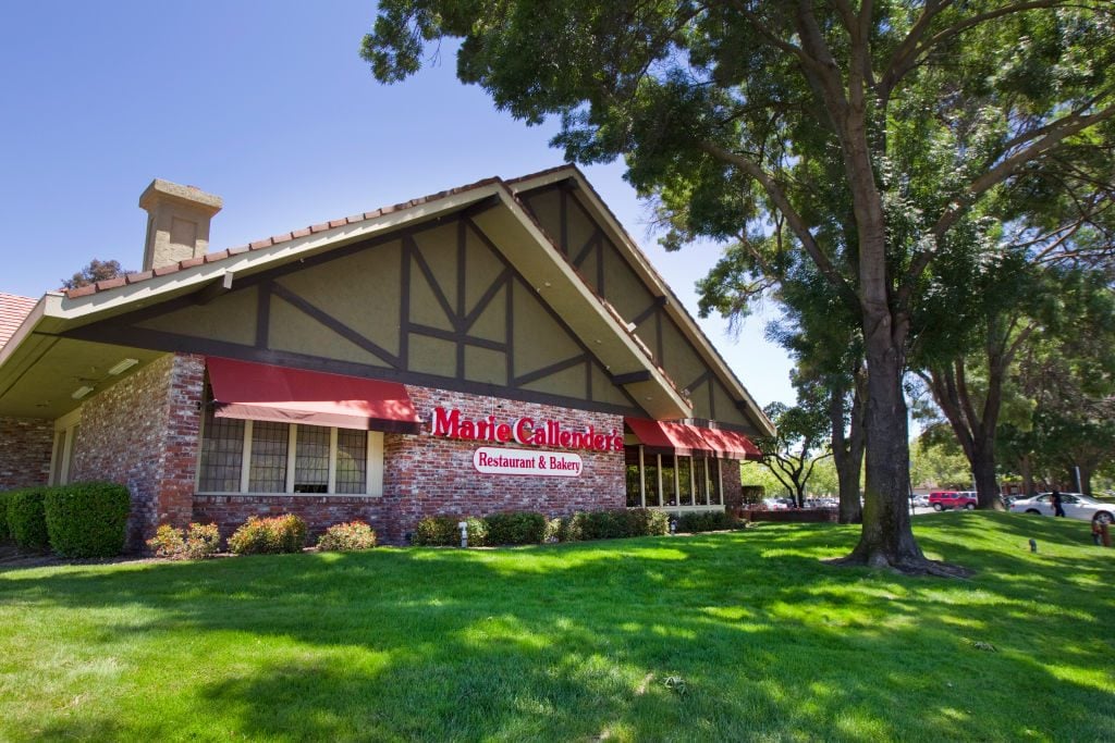 A Marie Callender's restaurant sits on a corner in Concord, California on a sunny day