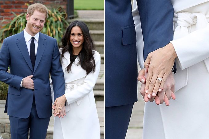 meghan markle with prince harry showing off her engagement ring; close up of ring