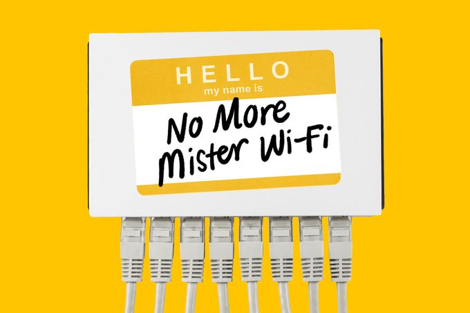 router with a name tag that says no more mister wifi