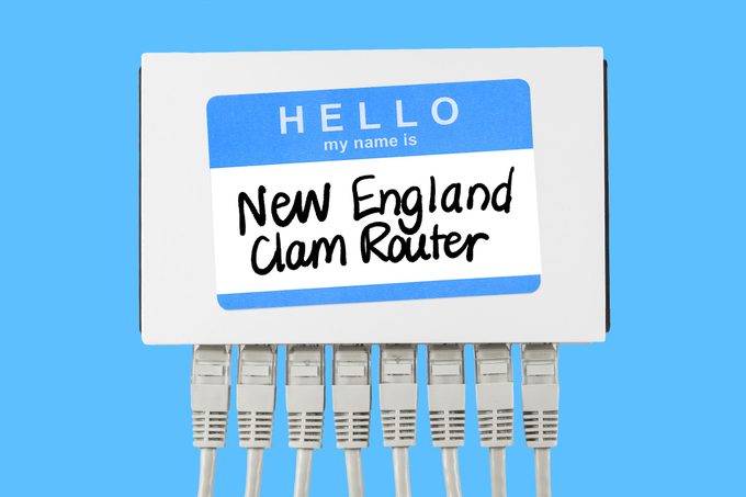 router with a name tag that says new england clam router