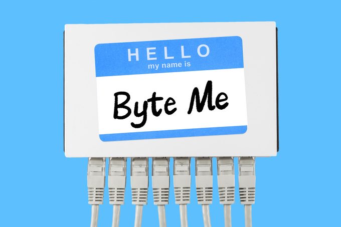 router with a name tag that says byte me