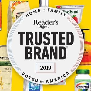 Reader's Digest Trusted Brand 2019 logo over illustrated products