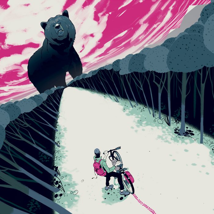illustration of a larger-than-life bear staring down a biker in the woods