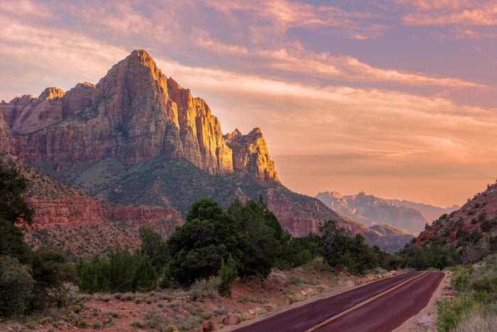 Gorgeous Sunset over Watchman mountain in Zion National Park, Utah, USA