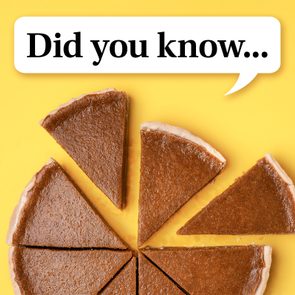 pumpkin pie cut into slices on yellow background. speech bubble reads, 