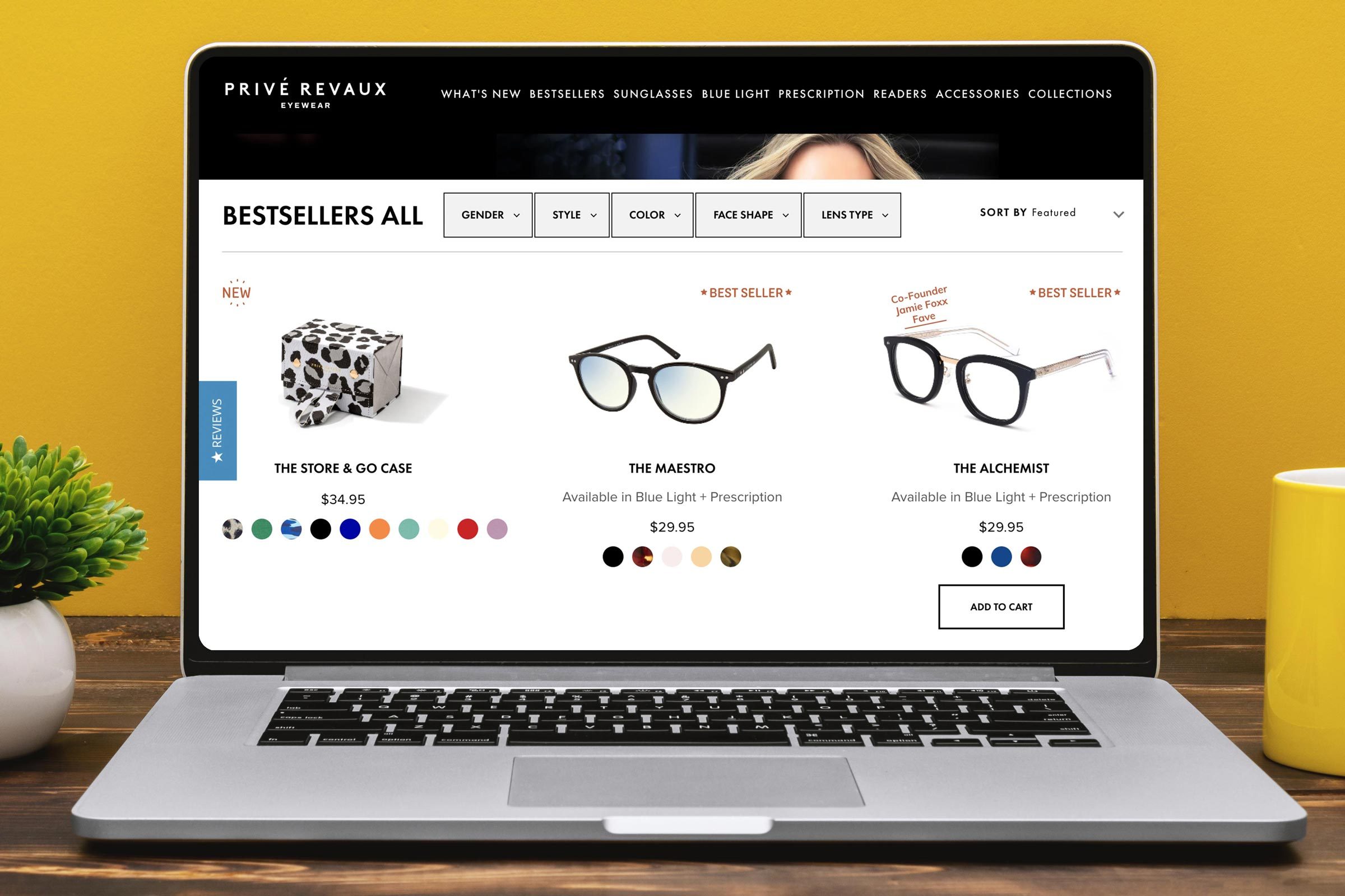 Screenshot of glasses website
