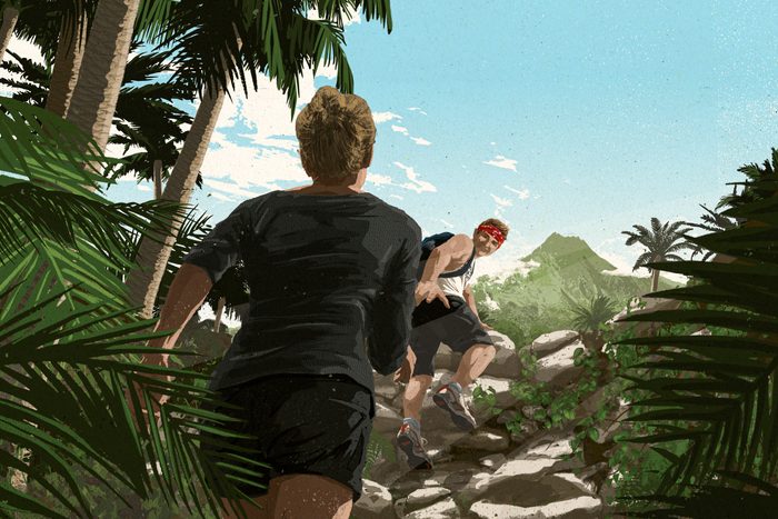 illustration of Acaimie following husband Clay up the the volcano on their hike