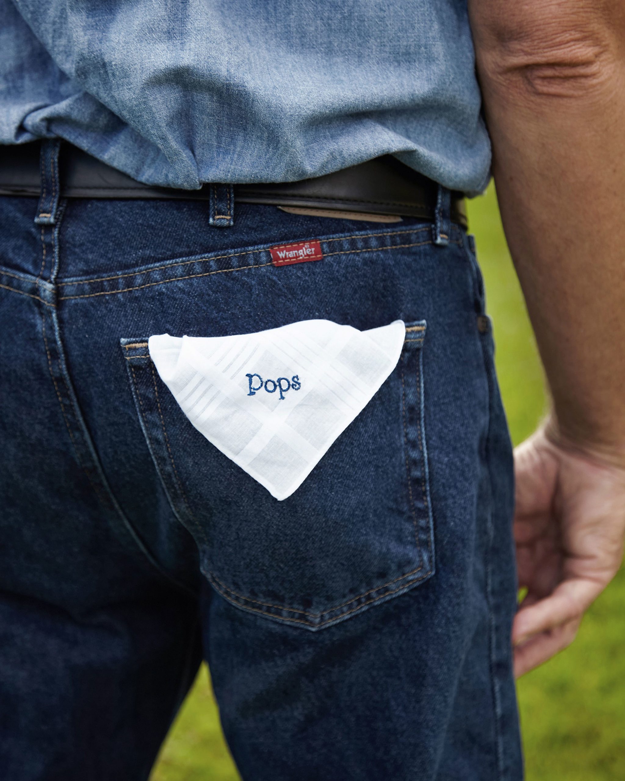 man's rear pocket with hankercheif sticking out