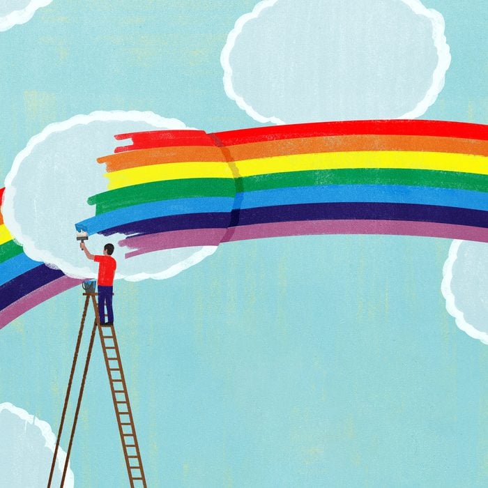 illustration of a figure painting a rainbow over the clouds
