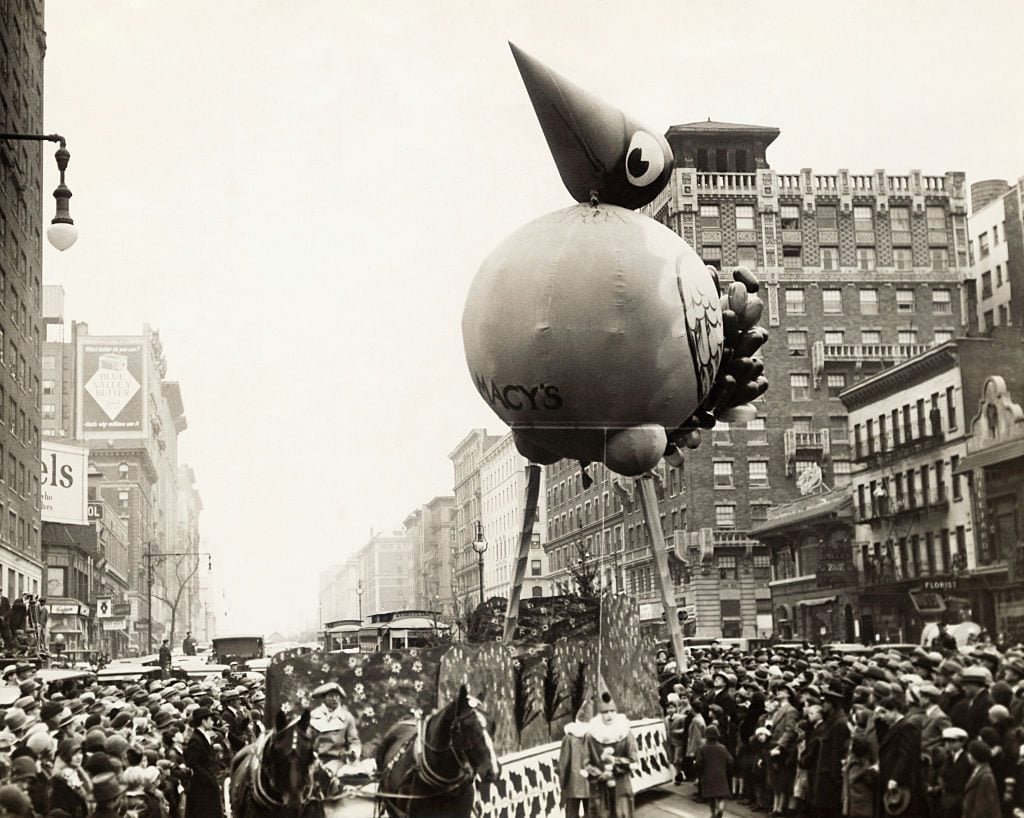 A Turkey shaped balloon in an early Macy's Thanksgiving Day Parade