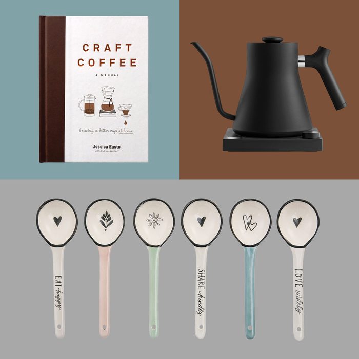Gifts For Coffee Lovers; coffee book, electric kettle, decorated teaspoons