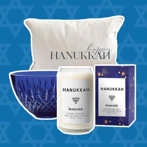 Hannukah gifts: a pillow, candle, and bowl
