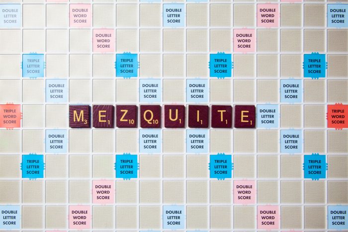 scrabble board with tiles that spell out mezquite