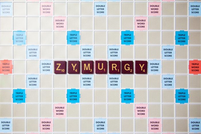 scrabble board with tiles that spell out zymurgy