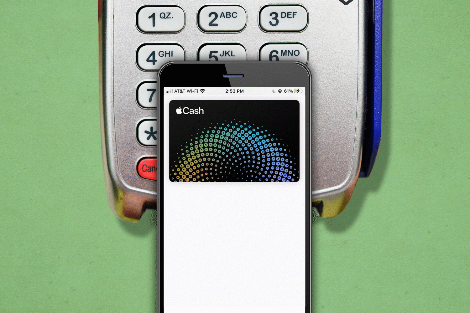Animated image of iphone using apple pay to complete a transaction
