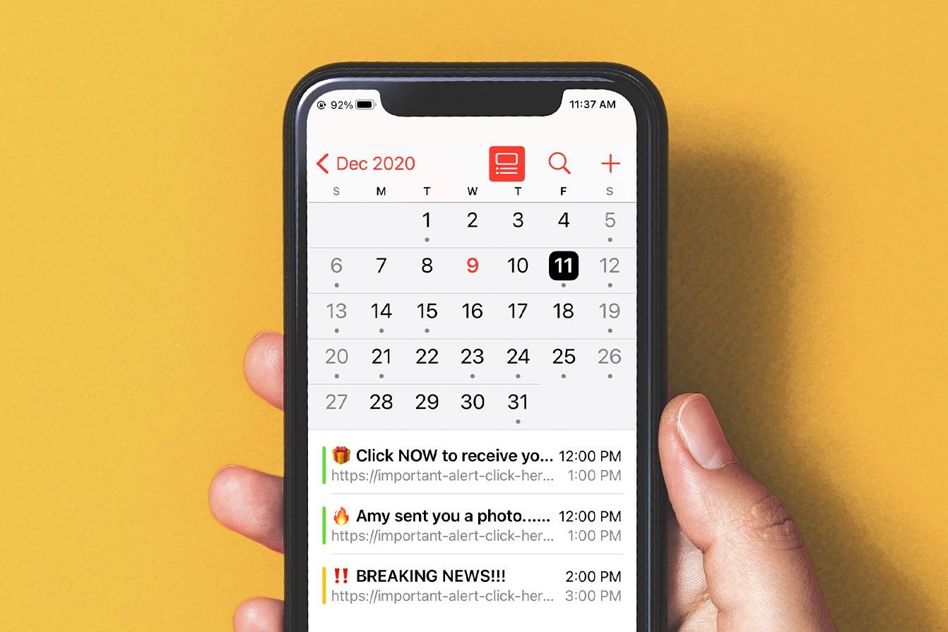 iPhone with the calendar showing scam events