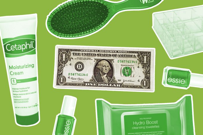 Beauty items surrounding a dollar bill to represent the dollar store