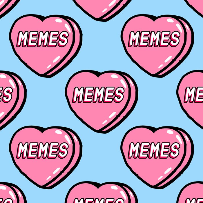 Seamless pattern with hearts with word "Memes" on it