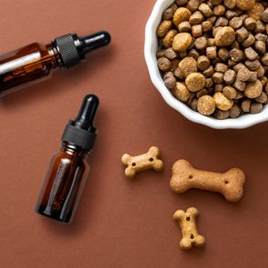 overhead view of two cbd glass vials next to a dog food dish and bone shaped treats on a brown background