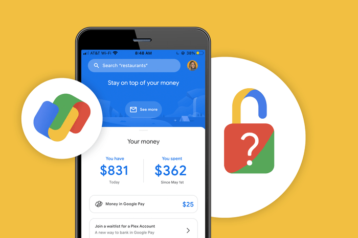 Google Pay screen beside a lock icon, superimposed with question mark. Is Apple Pay safe to use?