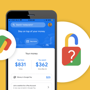 Google Pay screen beside a lock icon, superimposed with question mark. Is Apple Pay safe to use?