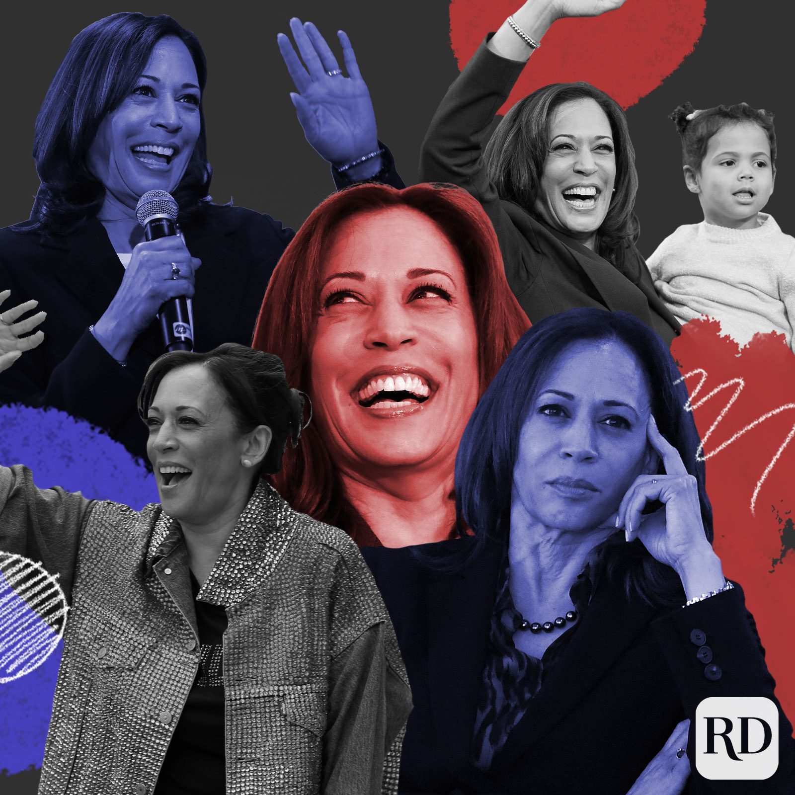 Collage of various images from Kamala Harris' career