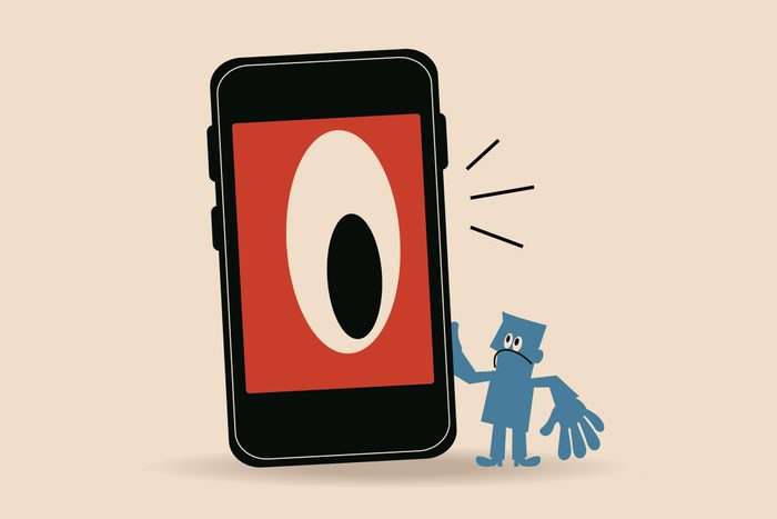 illustration of a Blue cartoon character looking at a large phone with a spyware eye on the screen, tan background
