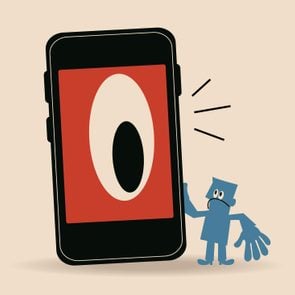 illustration of a Blue cartoon character looking at a large phone with a spyware eye on the screen, tan background
