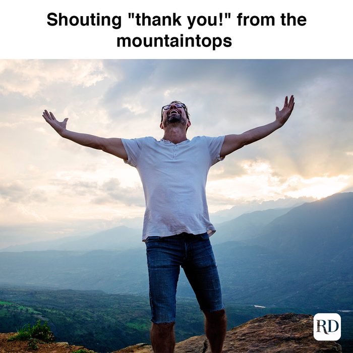Man with arms spread on top of a mountain. Meme text: Shouting "Thank You!" From The Mountain Tops 