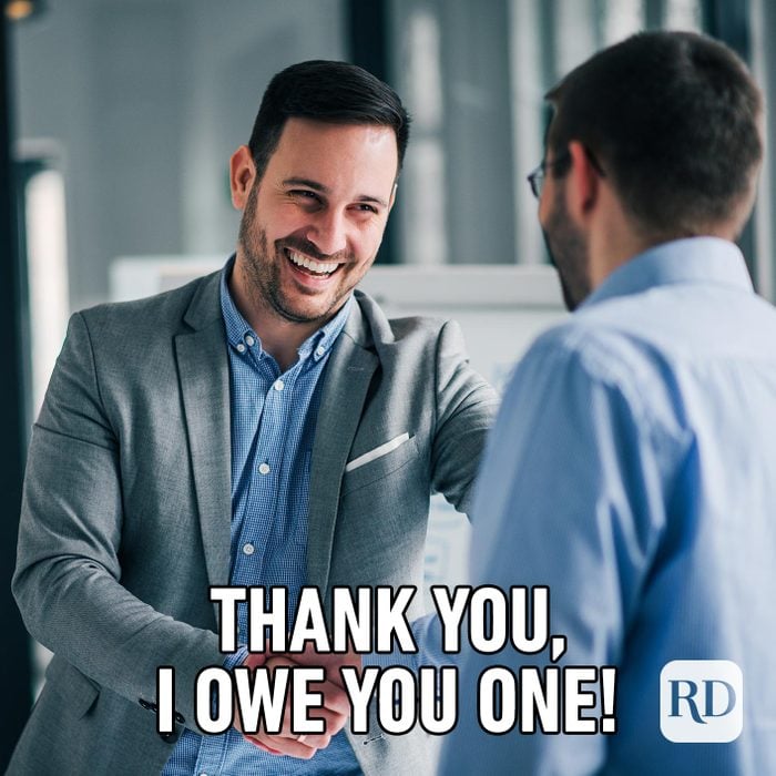 Men shaking hands. Meme text: Thank you, I owe you one!