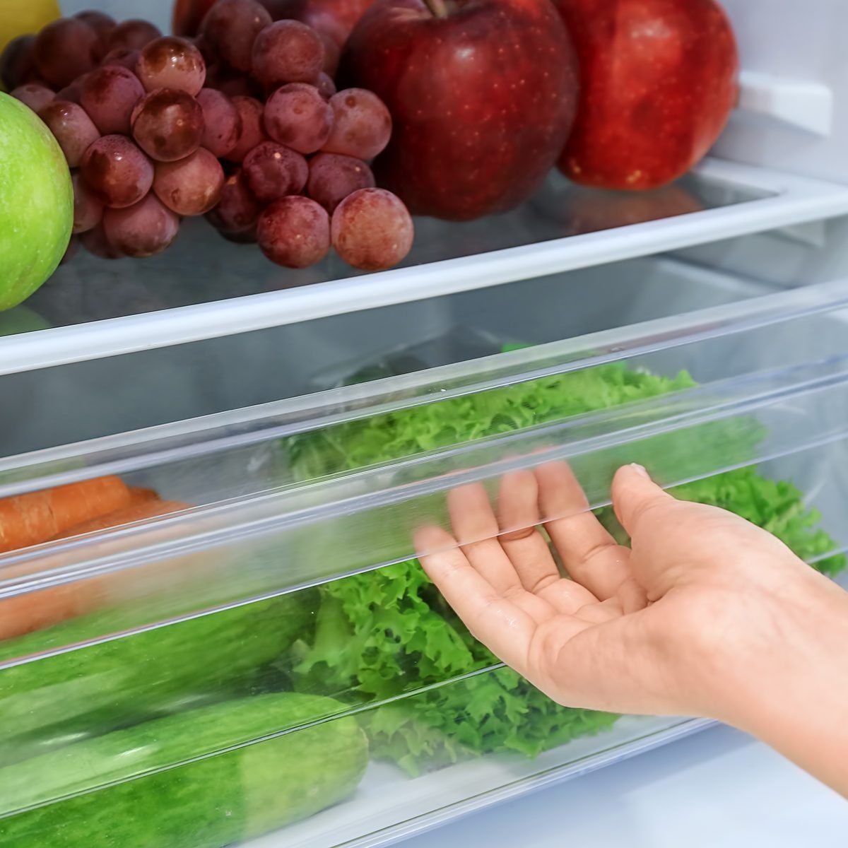 Woman opening drawer of refrigerator with vegetables, closeup
