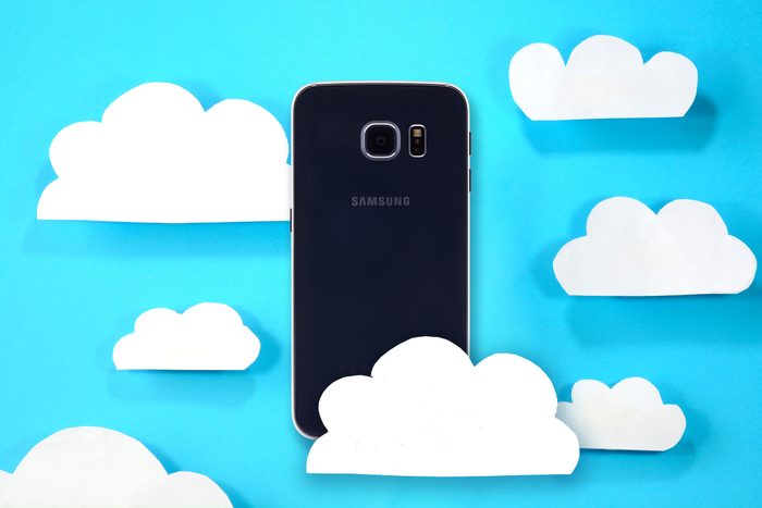 An Android Phone floating in the clouds