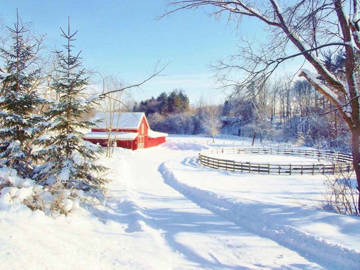 Winter scene with a red barn, fir trees and a horse corral covered in snow.