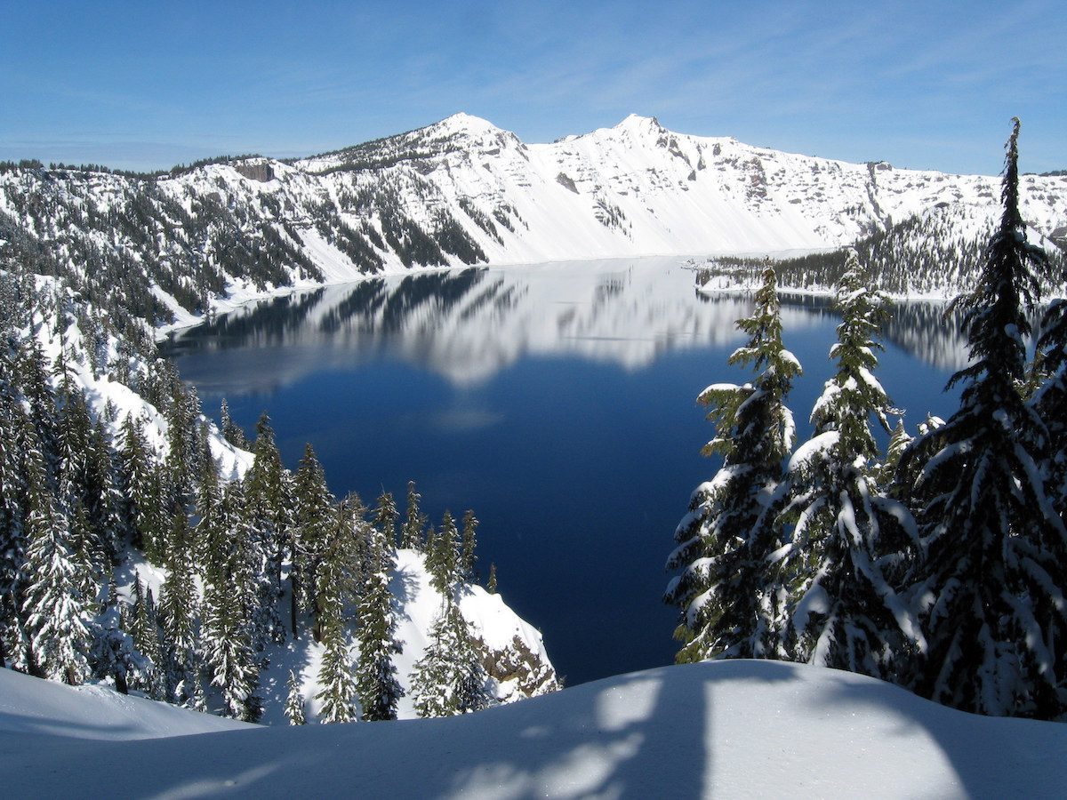 a wintery view of Crater Lake National Park in Oregon