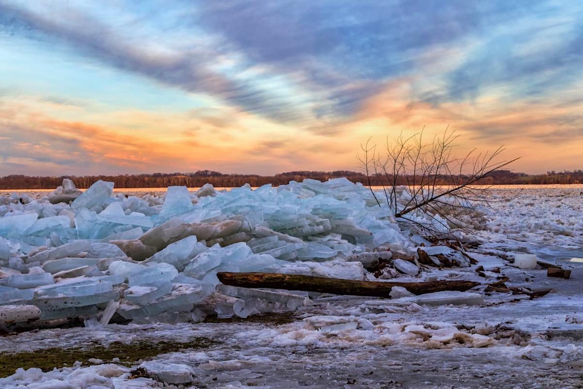 Ice jams on the shoreline of the Susquehana River in Pennsylvania.