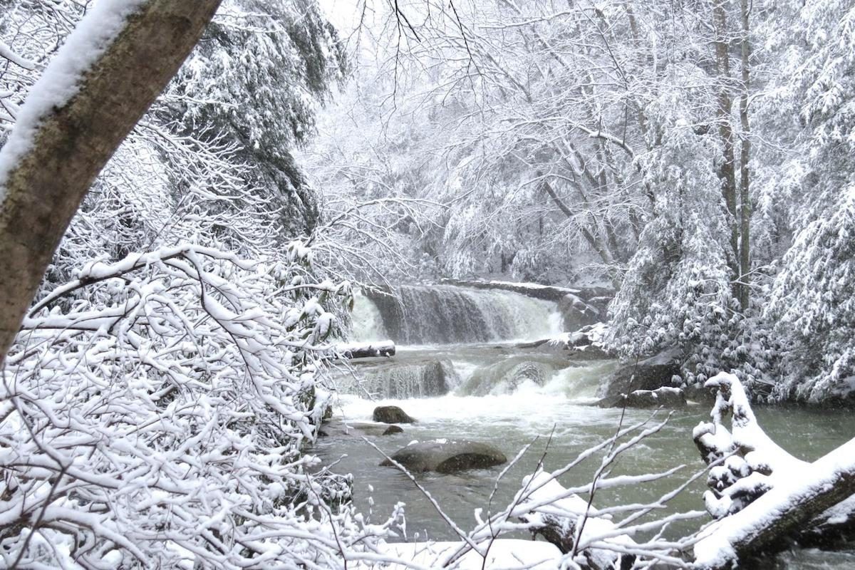 small waterfalls at Deckers Creek in Preston County, West Virginia with a layer of snow on all the trees and branches